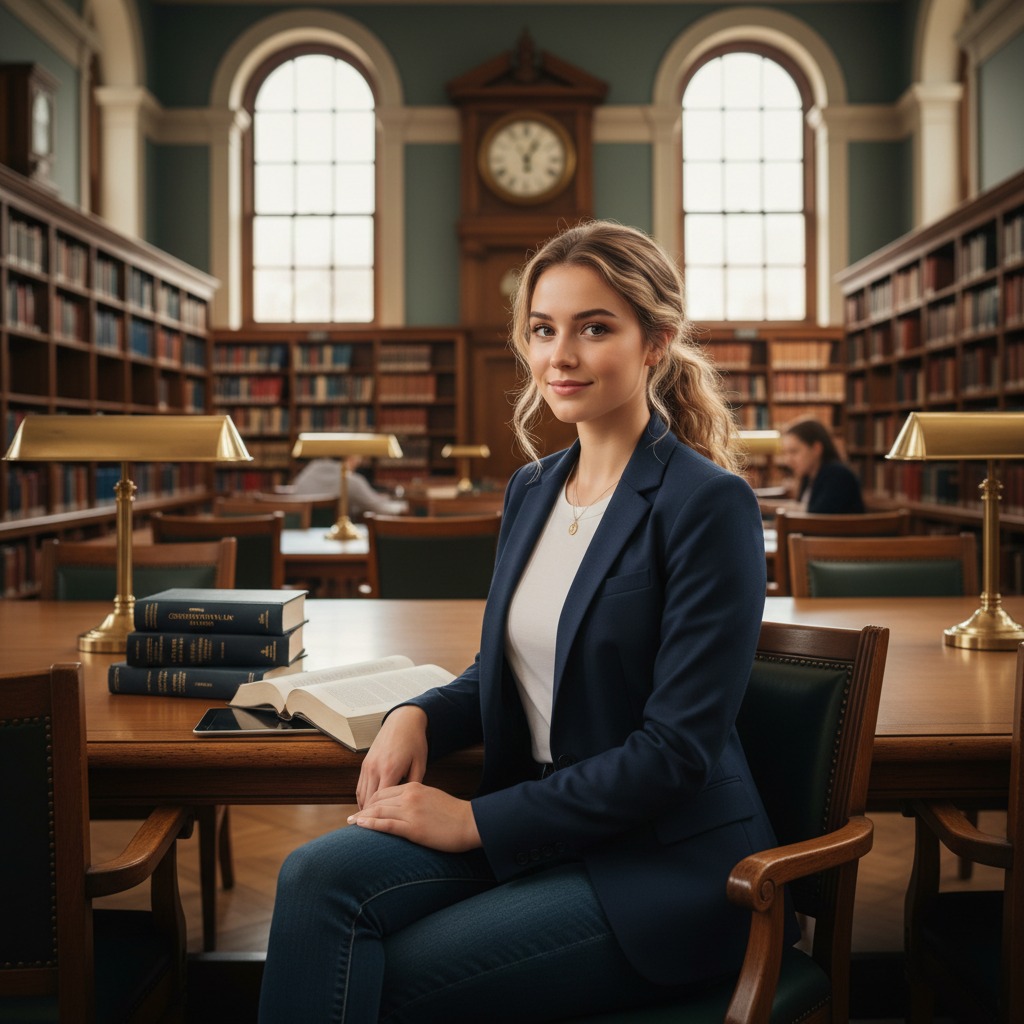 A young woman in a navy blazer sits at a wooden table in a library with bookshelves and a large clock in the background.