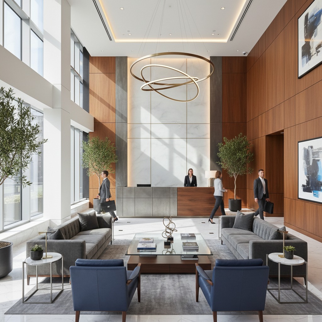 A modern office lobby features a high-ceilinged reception area with wood-paneled walls, a marble accent wall, and a large circular chandelier above a seating area with gray sofas and blue armchairs.