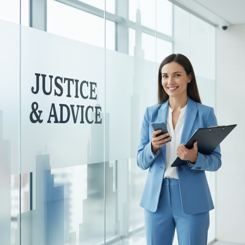 A smiling professional woman in a blue suit stands in an office holding a smartphone and a clipboard next to a glass wall labeled Justice & Advice.